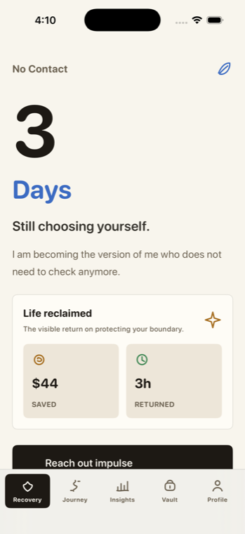 UnLink recovery screen showing a three-day no-contact streak and life reclaimed